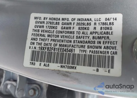 2014 Honda Civic Ex from USA, damaged, VIN 19XFB2F81EE045461